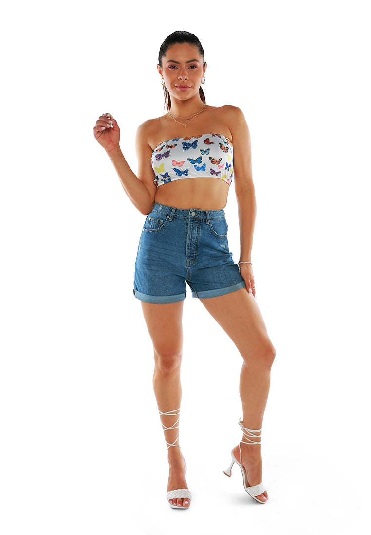 Chasing Butterflies Tube Top featuring a colorful spring print, sleeveless design, and slim fit, perfect for warm weather.