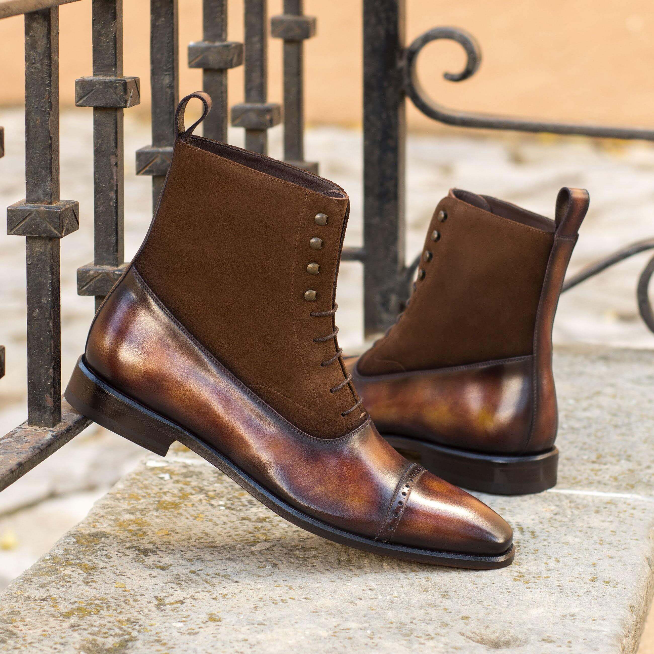 Chavez Patina Balmoral Boots II in med brown lux suede with fire crust patina finish, showcasing closed channel lacing and a sleek silhouette.