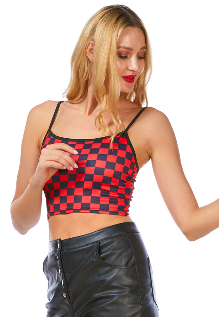 Checkerboard Spaghetti Crop Top in soft cotton with a stylish checkered pattern, featuring a spaghetti neckline and sleeveless design.