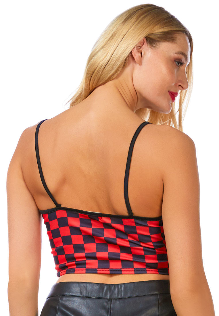 Checkerboard Spaghetti Crop Top in soft cotton with a stylish checkered pattern, featuring a spaghetti neckline and sleeveless design.