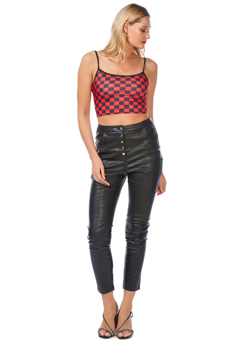 Checkerboard Spaghetti Crop Top in soft cotton with a stylish checkered pattern, featuring a spaghetti neckline and sleeveless design.