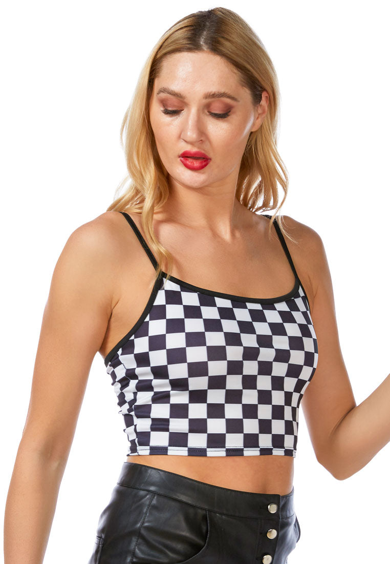 Checkerboard Spaghetti Crop Top in soft cotton with a stylish checkered pattern, featuring a spaghetti neckline and sleeveless design.