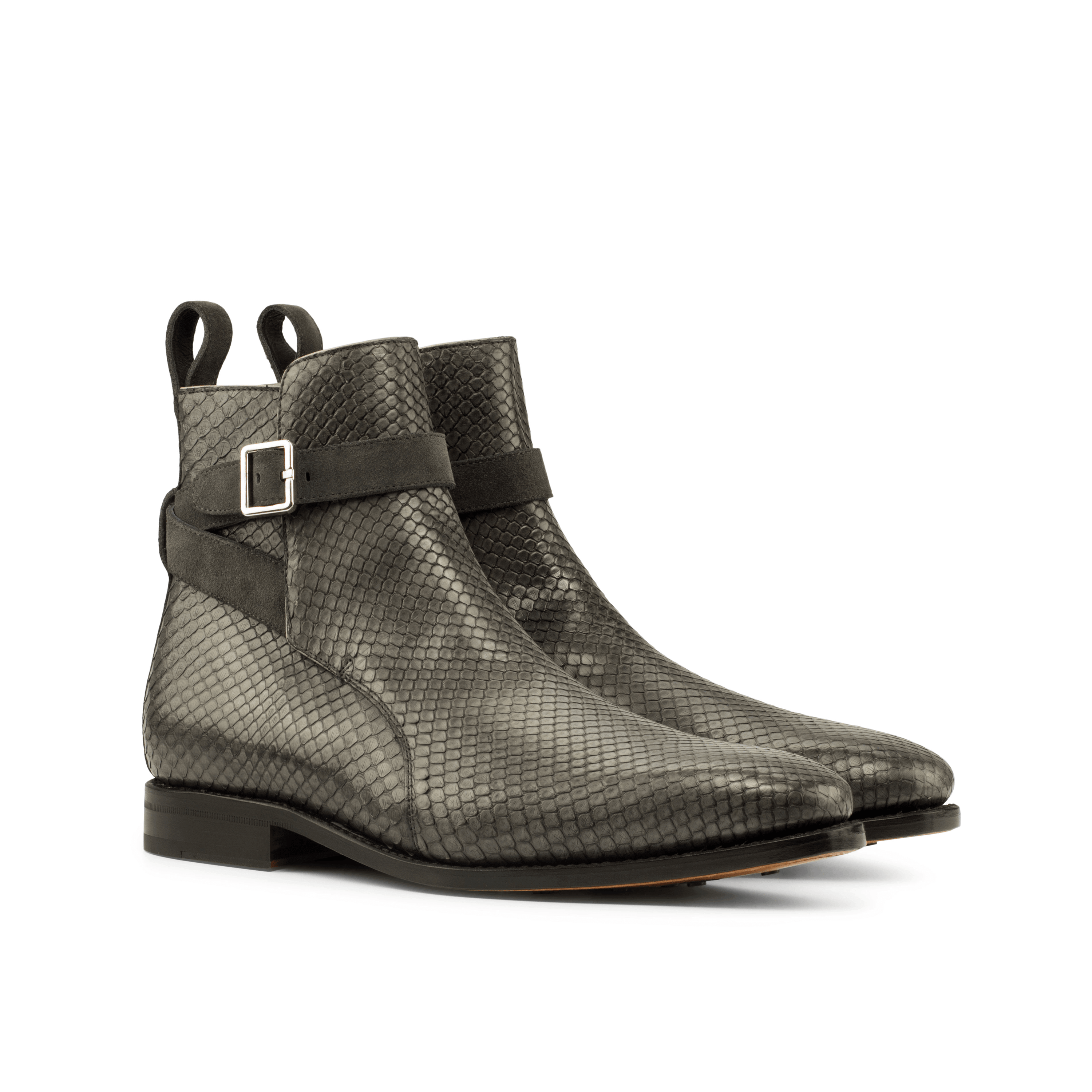 Chetan Python Jodhpur Boots II featuring grey lux suede and exotic python detailing with a strap-and-buckle fastener.