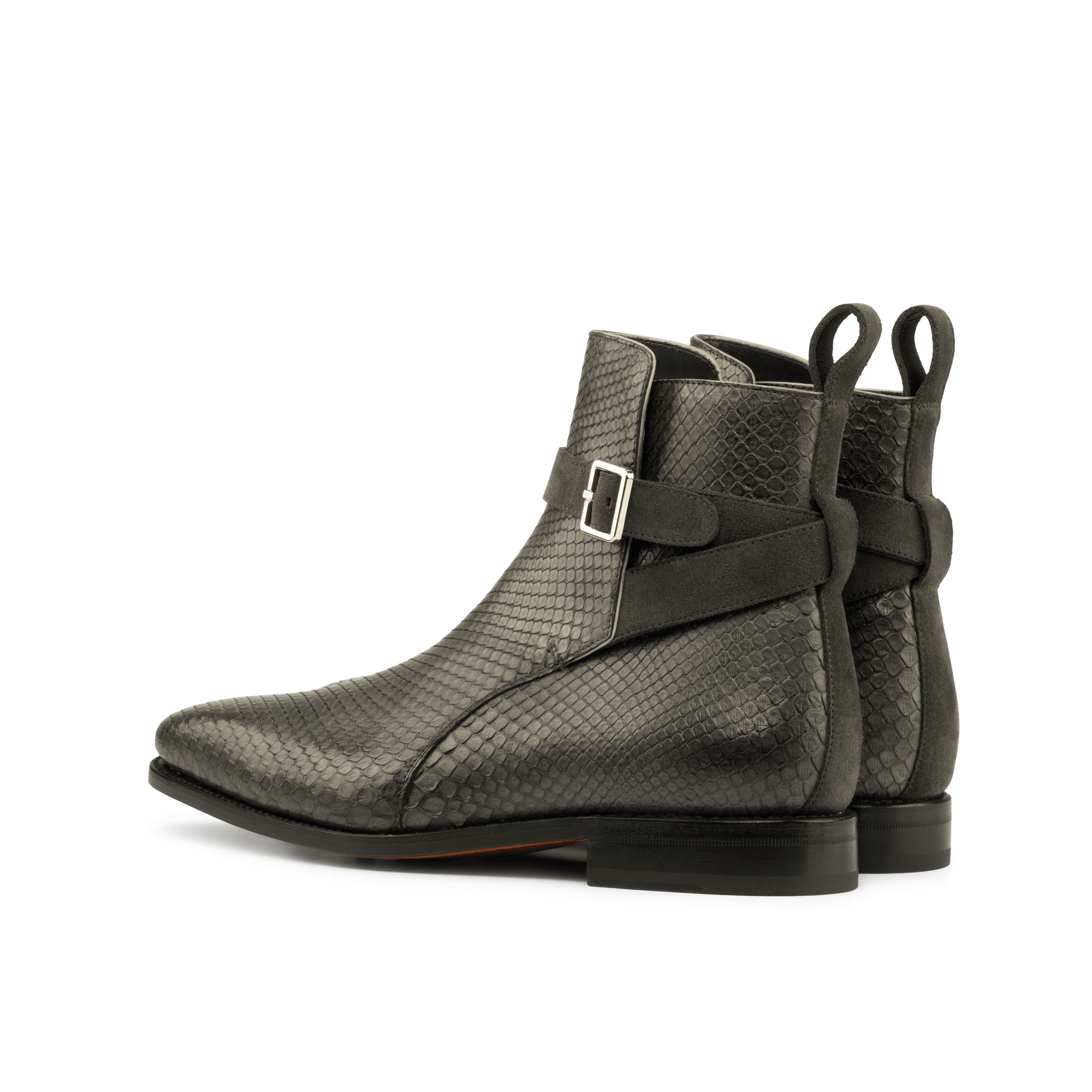 Chetan Python Jodhpur Boots II featuring grey lux suede and exotic python detailing with a strap-and-buckle fastener.