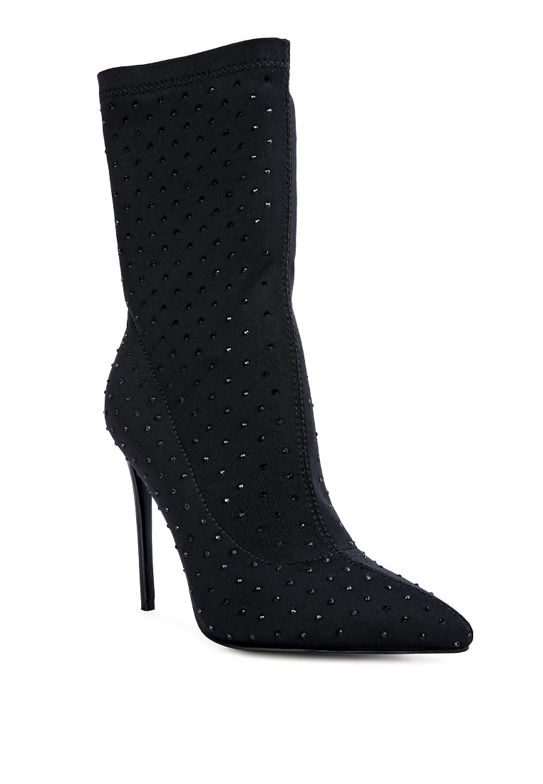 Cheugy Embellished Ankle Boots featuring rhinestone detailing, high stretch lycra, and a pointed toe design, perfect for stylish outings.