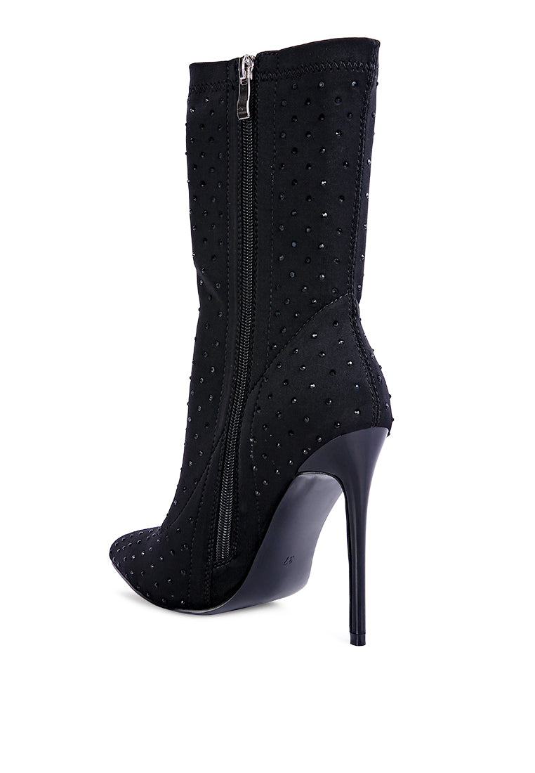 Cheugy Embellished Ankle Boots featuring rhinestone detailing, high stretch lycra, and a pointed toe design, perfect for stylish outings.