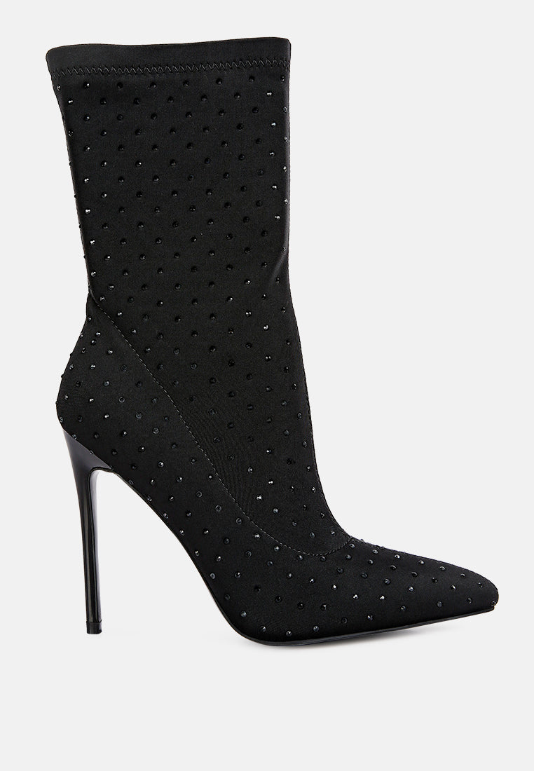 Cheugy Embellished Ankle Boots featuring rhinestone detailing, high stretch lycra, and a pointed toe design, perfect for stylish outings.