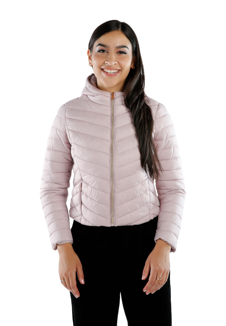 Chevron Pattern Puffer Hoodie with metallic zipper and side pockets, showcasing a stylish design and soft synthetic lining.