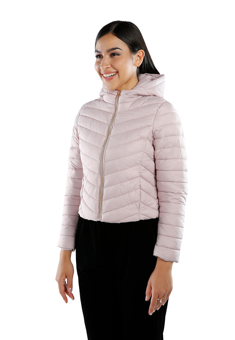 Chevron Pattern Puffer Hoodie with metallic zipper and side pockets, showcasing a stylish design and soft synthetic lining.