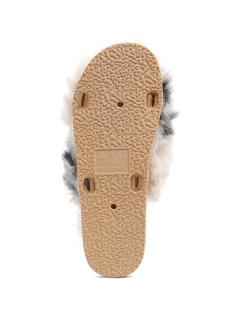 Chipmunk Faux Fur Indoor Flats showcasing soft faux fur upper and durable PVC sole, perfect for indoor and outdoor use.