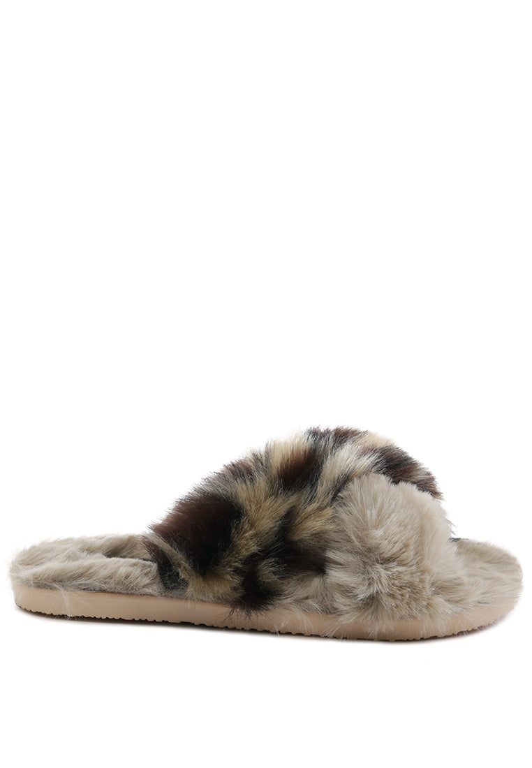 Chipmunk Faux Fur Indoor Flats showcasing soft faux fur upper and durable PVC sole, perfect for indoor and outdoor use.