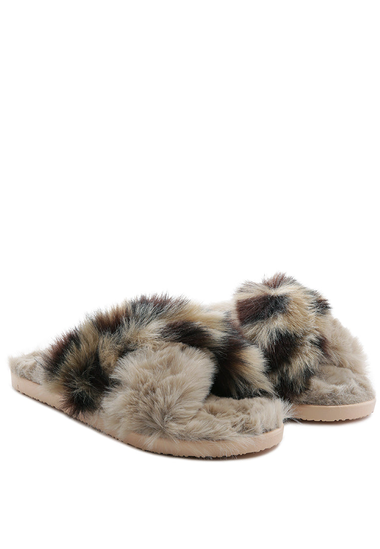 Chipmunk Faux Fur Indoor Flats showcasing soft faux fur upper and durable PVC sole, perfect for indoor and outdoor use.