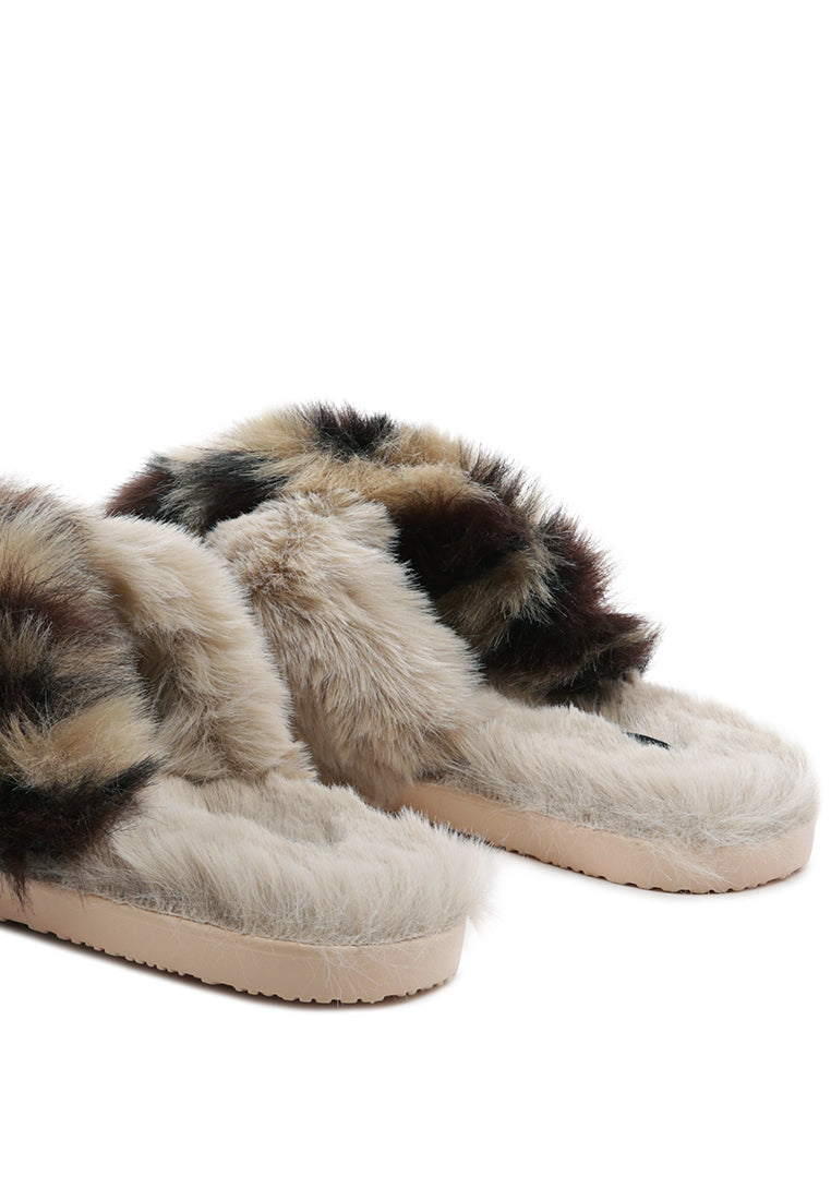 Chipmunk Faux Fur Indoor Flats showcasing soft faux fur upper and durable PVC sole, perfect for indoor and outdoor use.