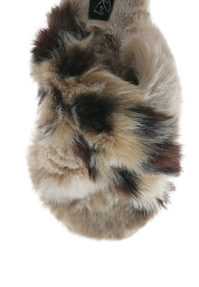 Chipmunk Faux Fur Indoor Flats showcasing soft faux fur upper and durable PVC sole, perfect for indoor and outdoor use.