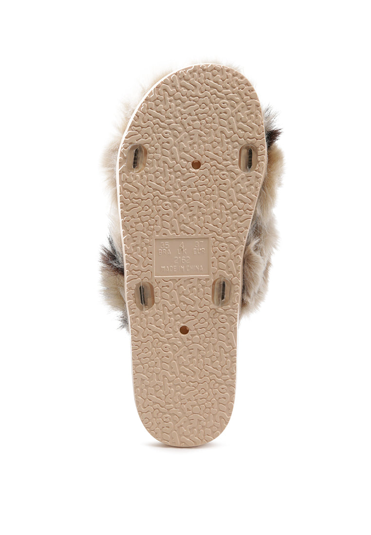 Chipmunk Faux Fur Indoor Flats showcasing soft faux fur upper and durable PVC sole, perfect for indoor and outdoor use.