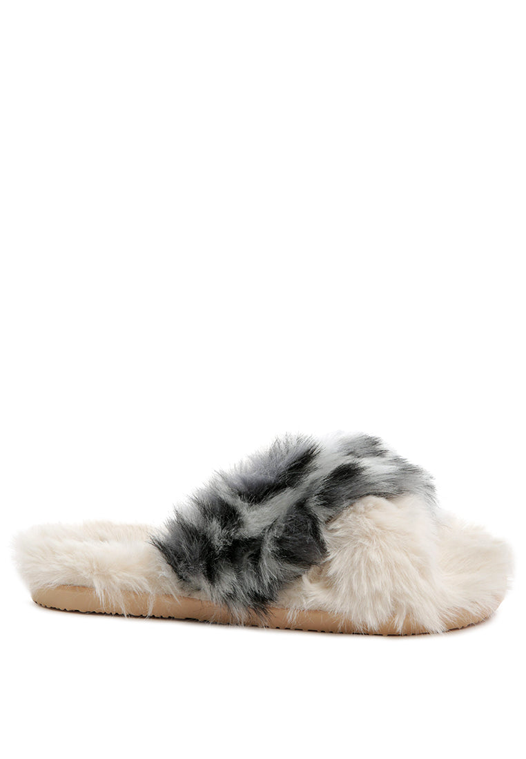 Chipmunk Faux Fur Indoor Flats showcasing soft faux fur upper and durable PVC sole, perfect for indoor and outdoor use.