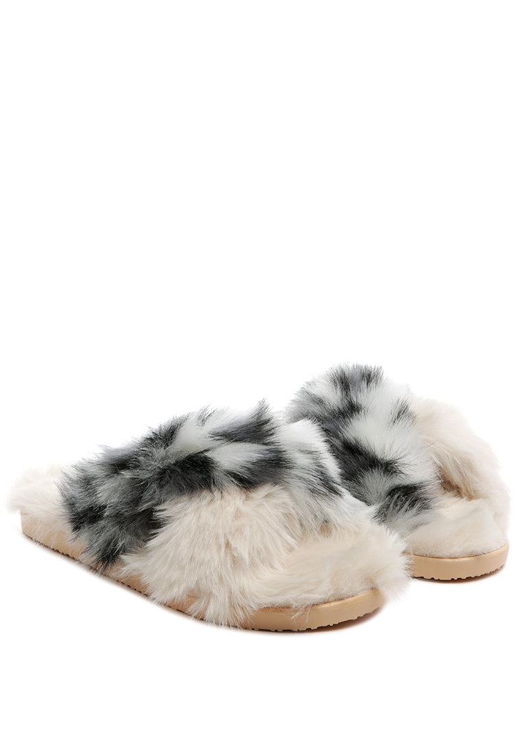 Chipmunk Faux Fur Indoor Flats showcasing soft faux fur upper and durable PVC sole, perfect for indoor and outdoor use.