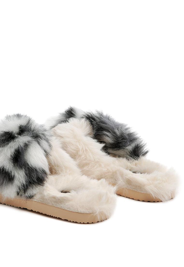 Chipmunk Faux Fur Indoor Flats showcasing soft faux fur upper and durable PVC sole, perfect for indoor and outdoor use.