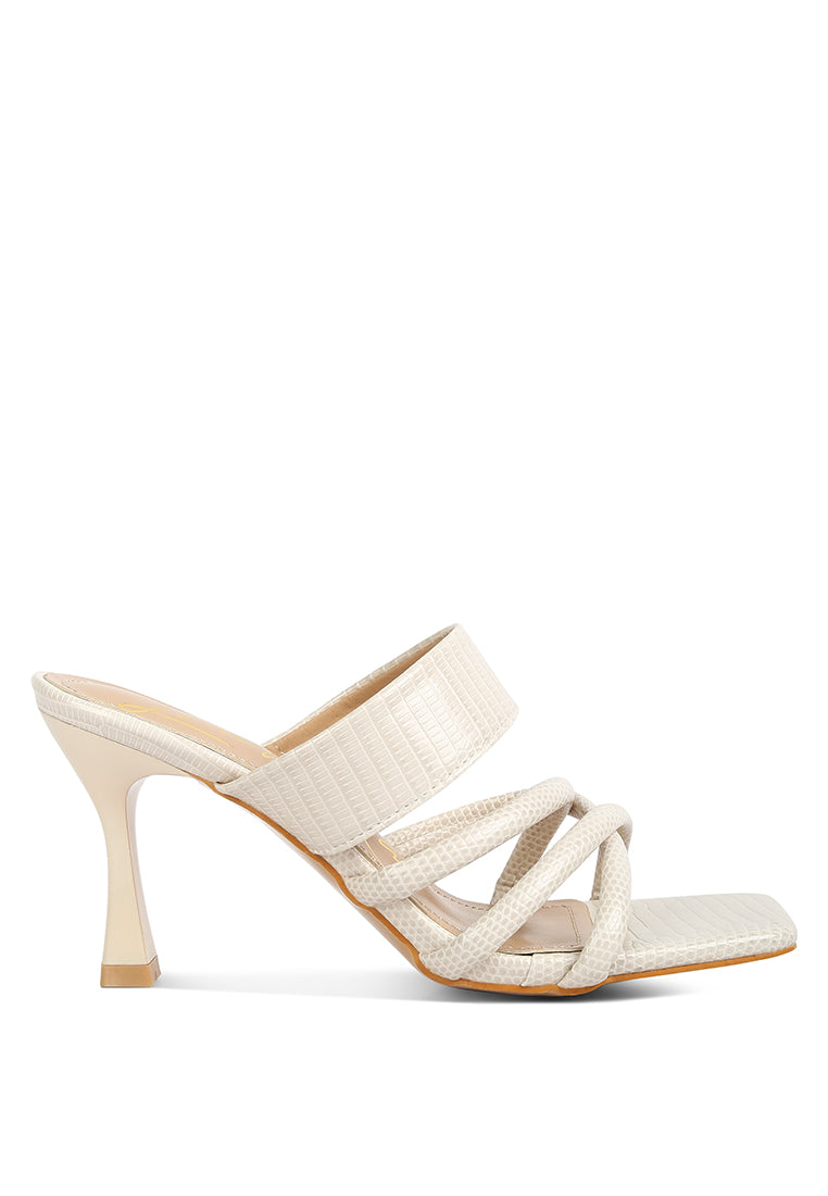 Chiri Criss Cross Strap Spool Heel Sandals featuring stylish criss cross straps and open square toe design.