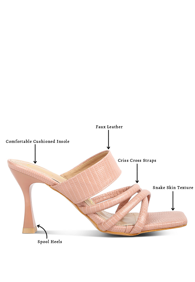 Chiri Criss Cross Strap Spool Heel Sandals featuring stylish criss cross straps and open square toe design.