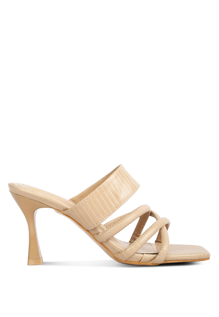 Chiri Criss Cross Strap Spool Heel Sandals featuring stylish criss cross straps and open square toe design.