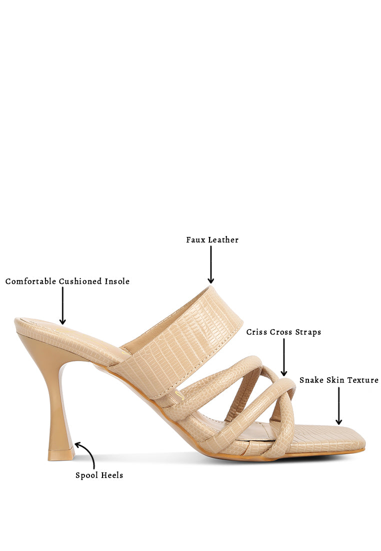 Chiri Criss Cross Strap Spool Heel Sandals featuring stylish criss cross straps and open square toe design.