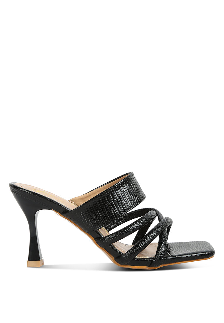 Chiri Criss Cross Strap Spool Heel Sandals featuring stylish criss cross straps and open square toe design.