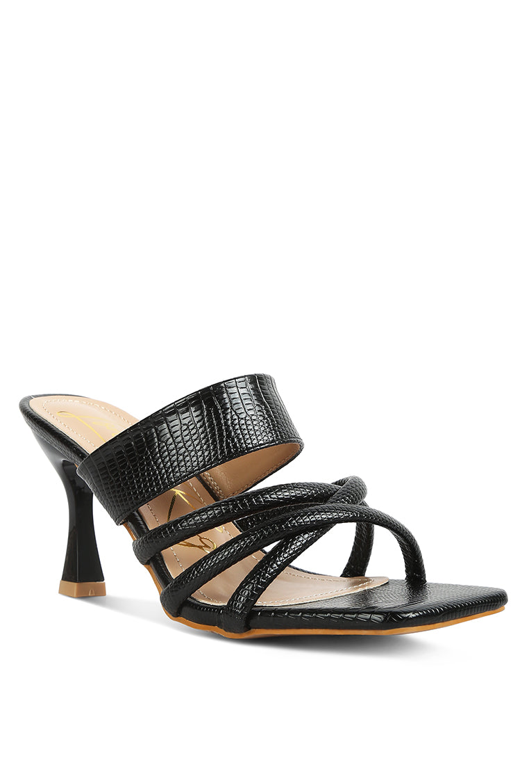 Chiri Criss Cross Strap Spool Heel Sandals featuring stylish criss cross straps and open square toe design.