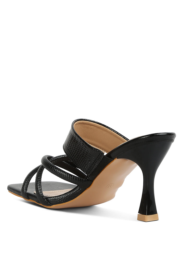 Chiri Criss Cross Strap Spool Heel Sandals featuring stylish criss cross straps and open square toe design.