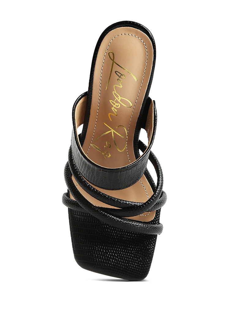 Chiri Criss Cross Strap Spool Heel Sandals featuring stylish criss cross straps and open square toe design.