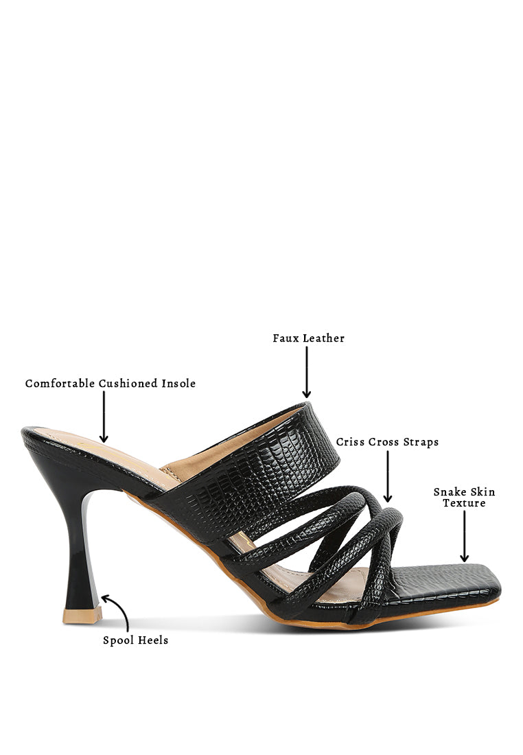 Chiri Criss Cross Strap Spool Heel Sandals featuring stylish criss cross straps and open square toe design.