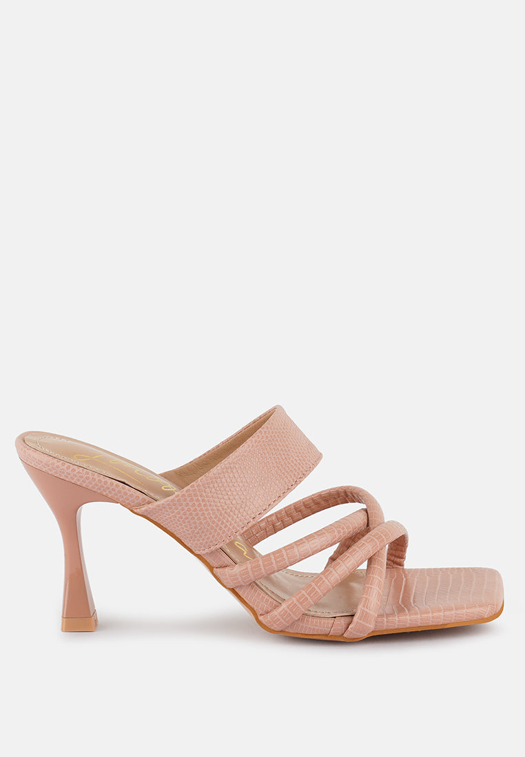 Chiri Criss Cross Strap Spool Heel Sandals featuring stylish criss cross straps and open square toe design.