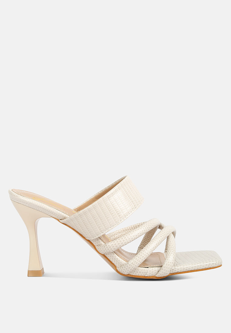 Chiri Criss Cross Strap Spool Heel Sandals featuring stylish criss cross straps and open square toe design.