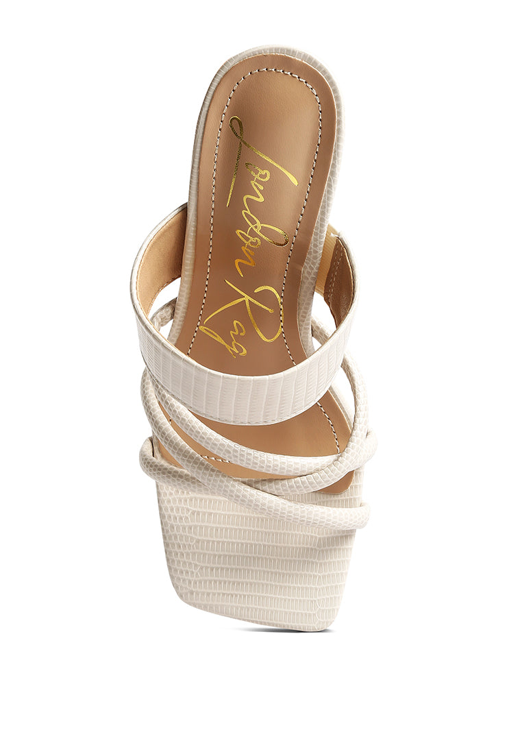 Chiri Criss Cross Strap Spool Heel Sandals featuring stylish criss cross straps and open square toe design.