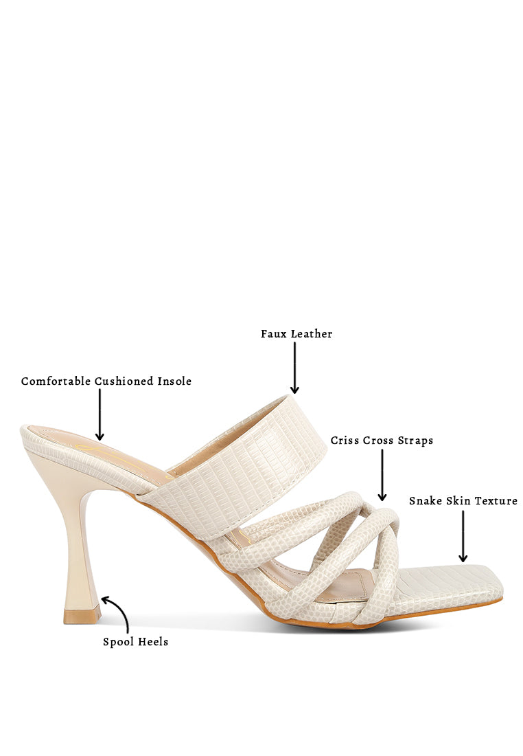 Chiri Criss Cross Strap Spool Heel Sandals featuring stylish criss cross straps and open square toe design.