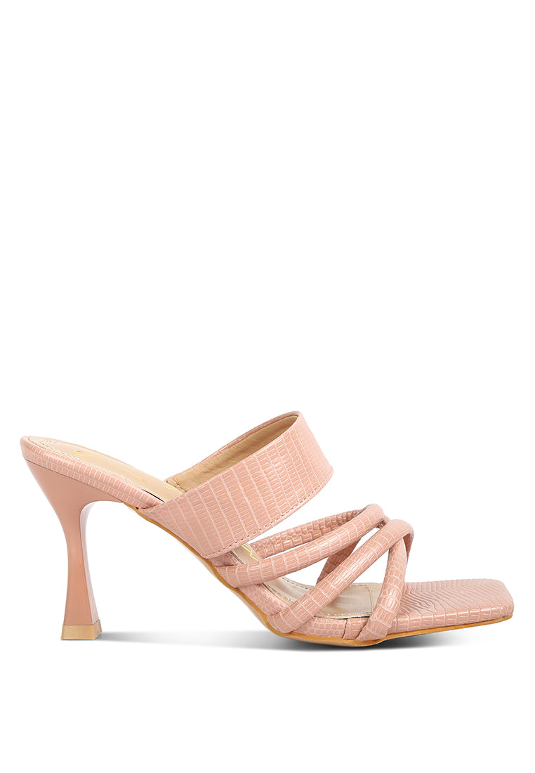 Chiri Criss Cross Strap Spool Heel Sandals featuring stylish criss cross straps and open square toe design.