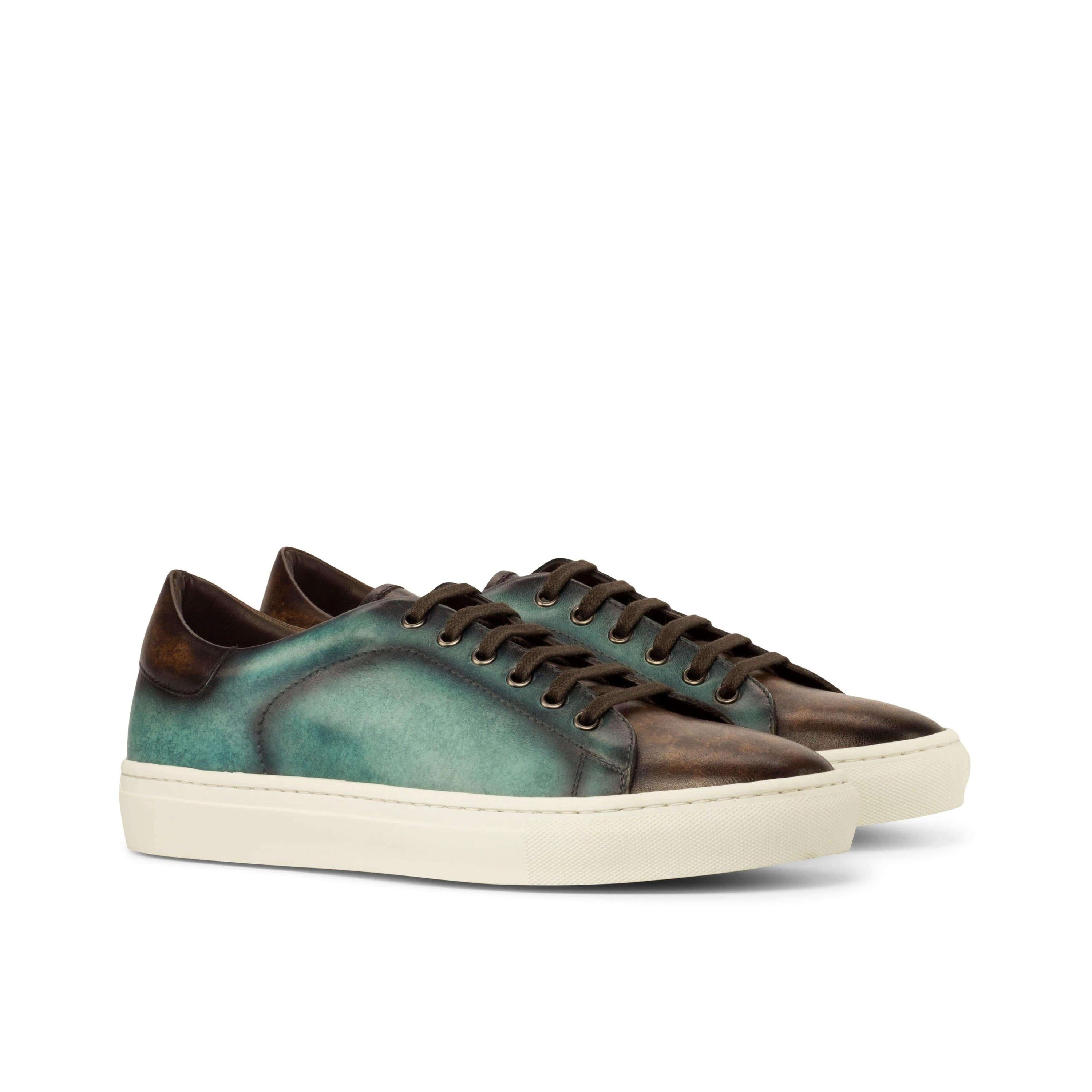 Chochmo Trainer Sneaker II featuring turquoise marble and brown crust patina, with a white cupsole rubber sole, perfect for casual wear.