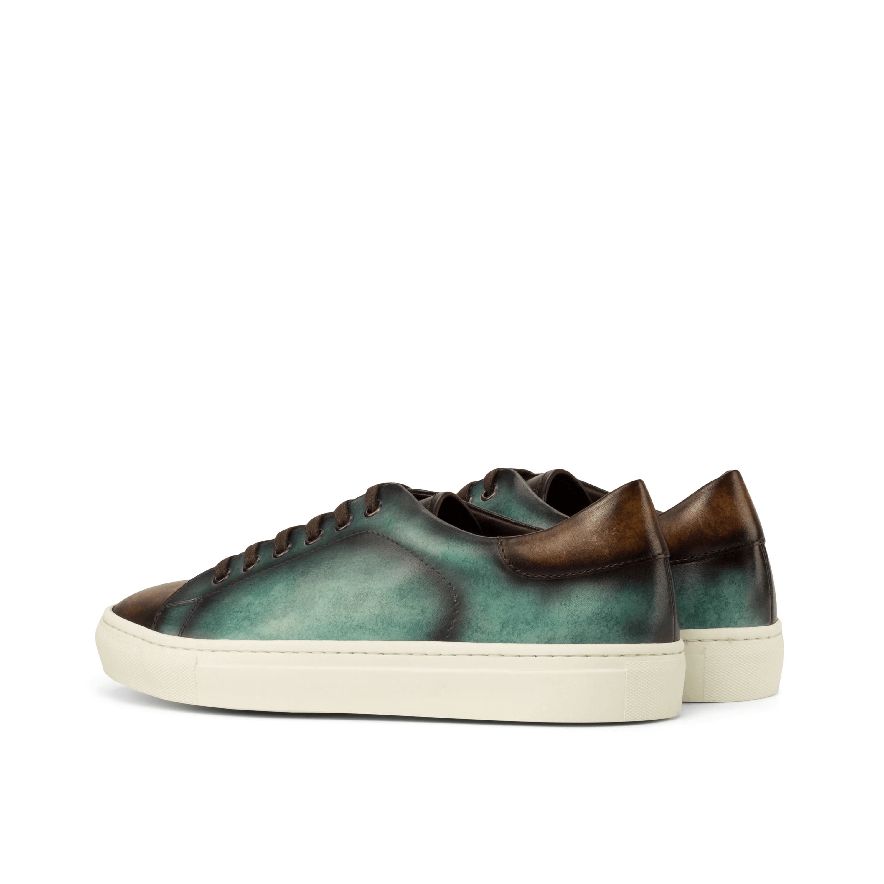 Chochmo Trainer Sneaker II featuring turquoise marble and brown crust patina, with a white cupsole rubber sole, perfect for casual wear.