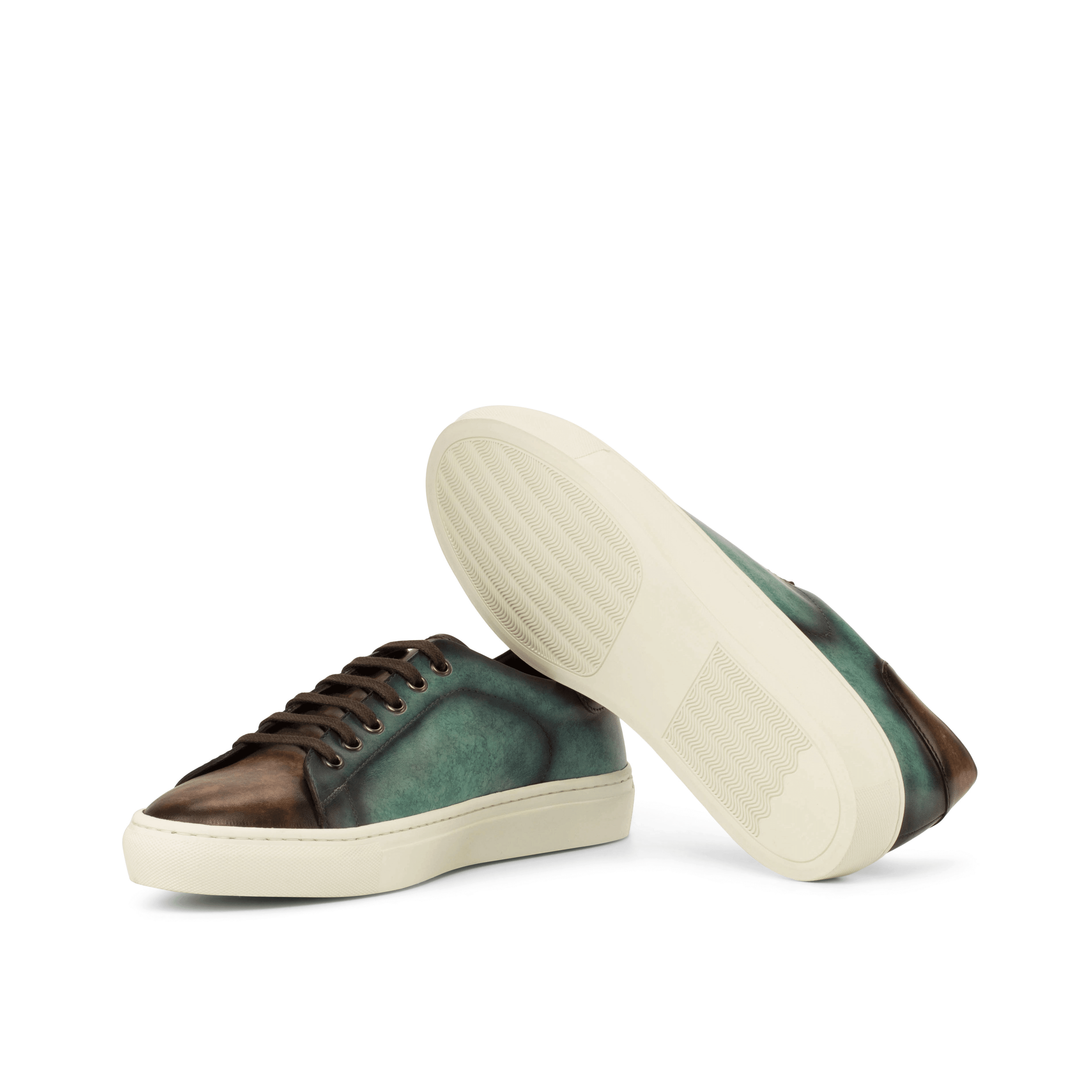 Chochmo Trainer Sneaker II featuring turquoise marble and brown crust patina, with a white cupsole rubber sole, perfect for casual wear.