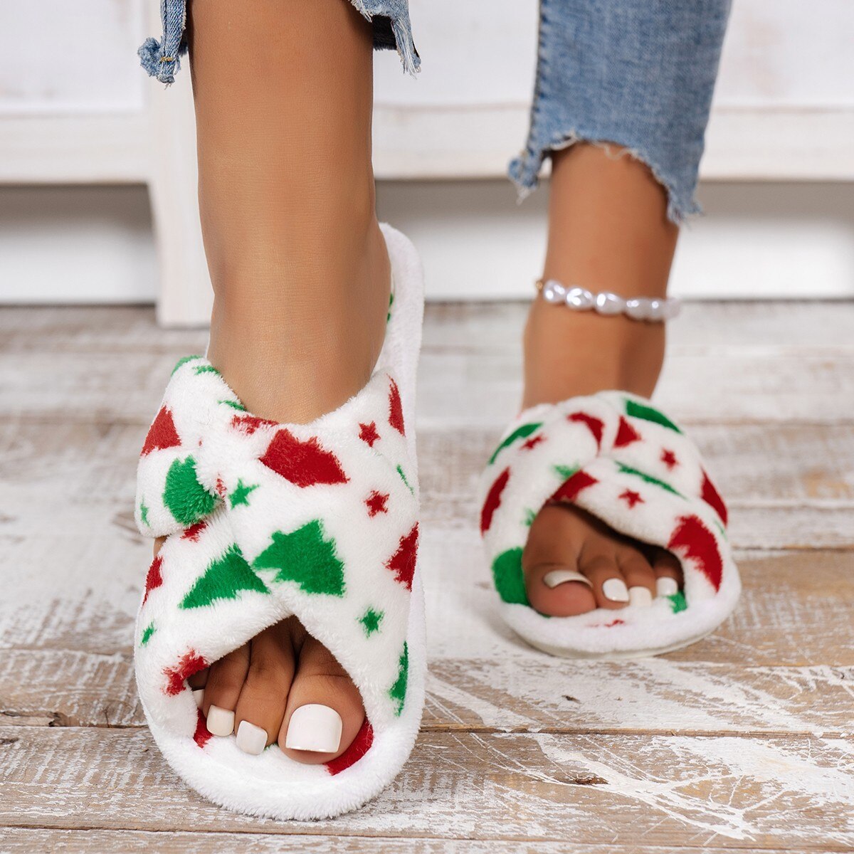 Cozy Christmas Tree Pattern Furry Bedroom Slippers with festive design, perfect for winter indoor wear.