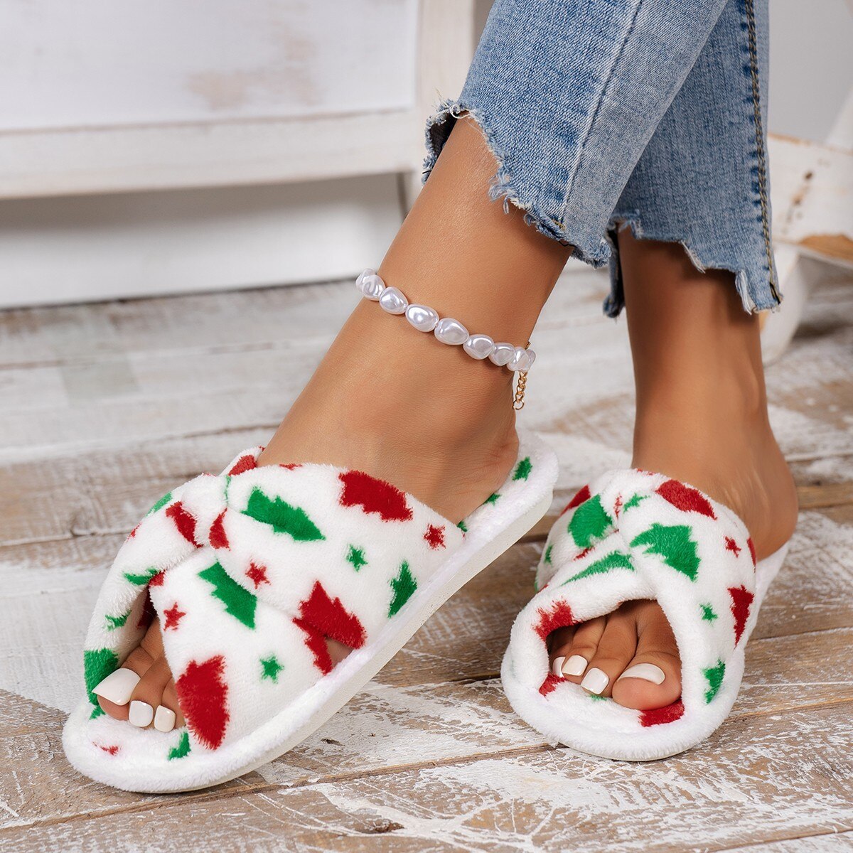 Cozy Christmas Tree Pattern Furry Bedroom Slippers with festive design, perfect for winter indoor wear.