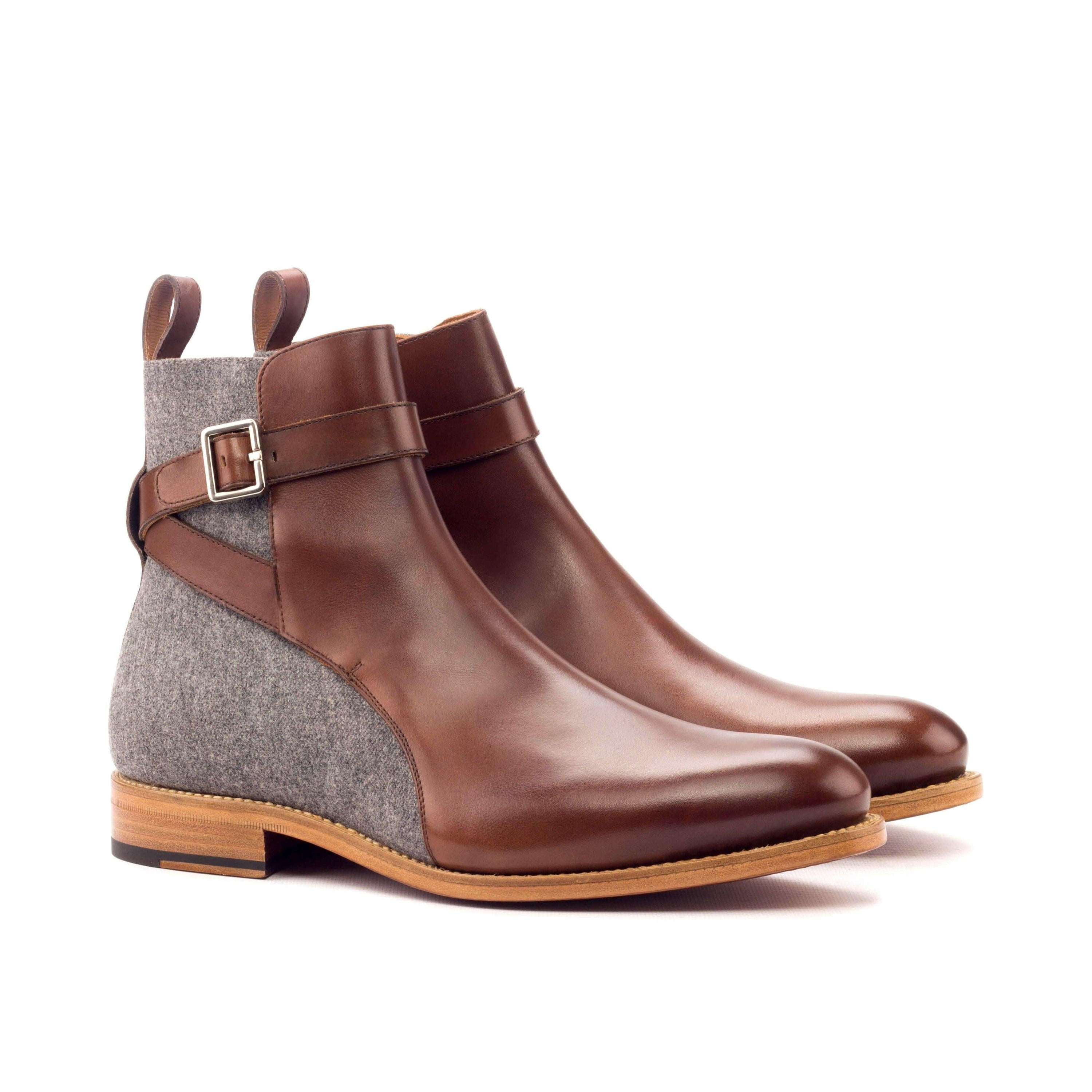 Chuck Jodhpur Boots II featuring a strap-and-buckle design, crafted from flannel light grey and medium brown box calf leather.