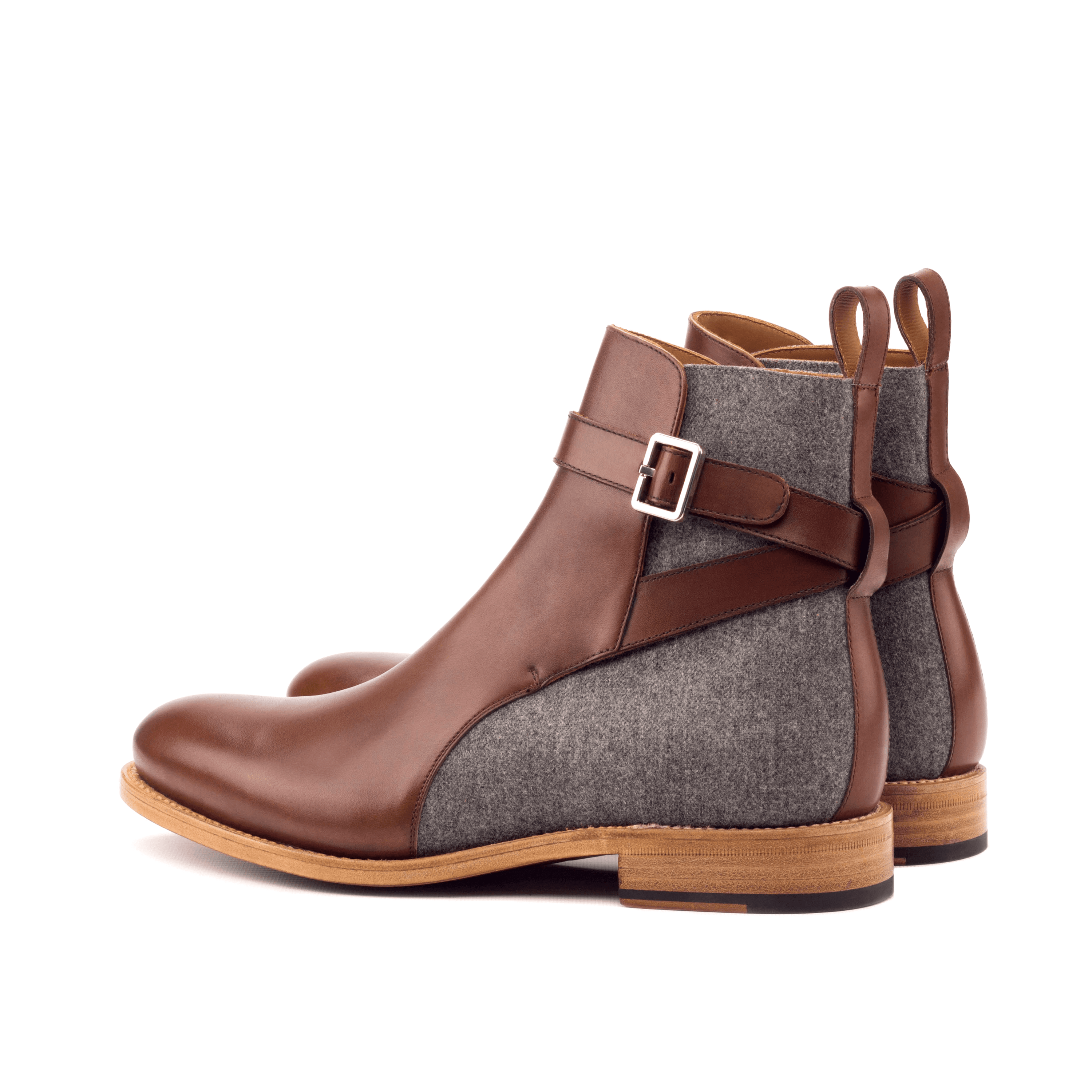 Chuck Jodhpur Boots II featuring a strap-and-buckle design, crafted from flannel light grey and medium brown box calf leather.