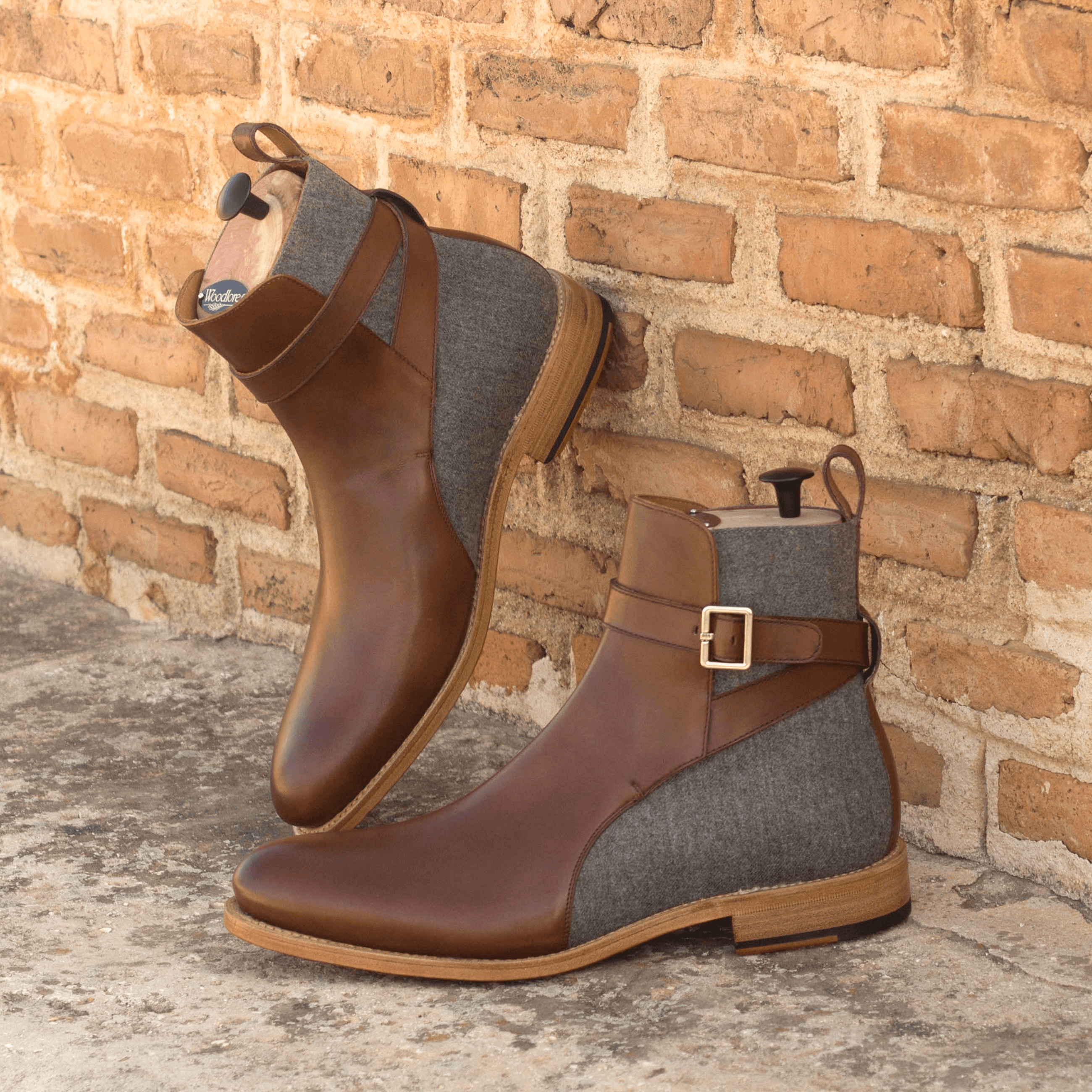 Chuck Jodhpur Boots II featuring a strap-and-buckle design, crafted from flannel light grey and medium brown box calf leather.