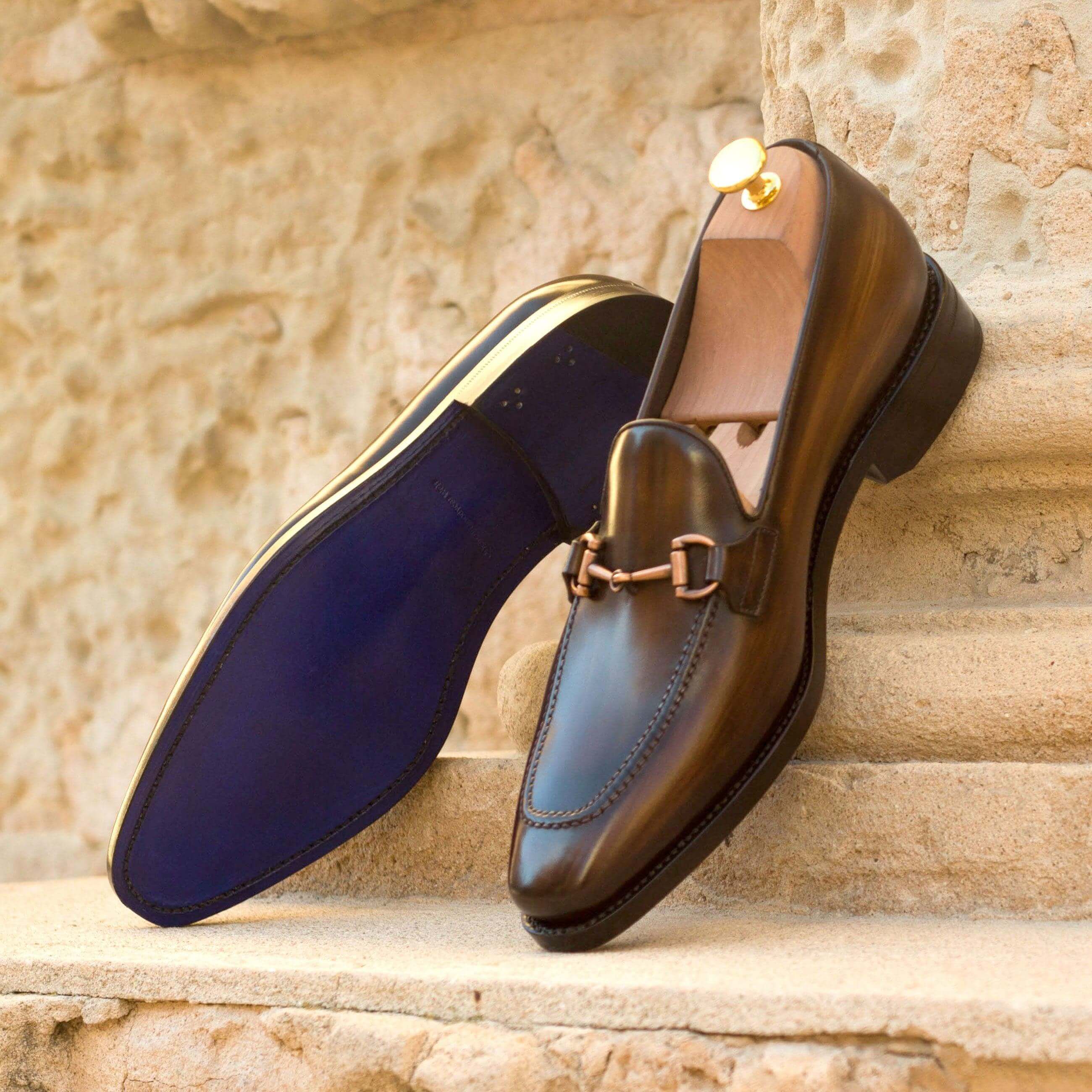 Cicli Patina Loafers II featuring brown crust patina and navy calf leather lining, showcasing a classic laceless design.