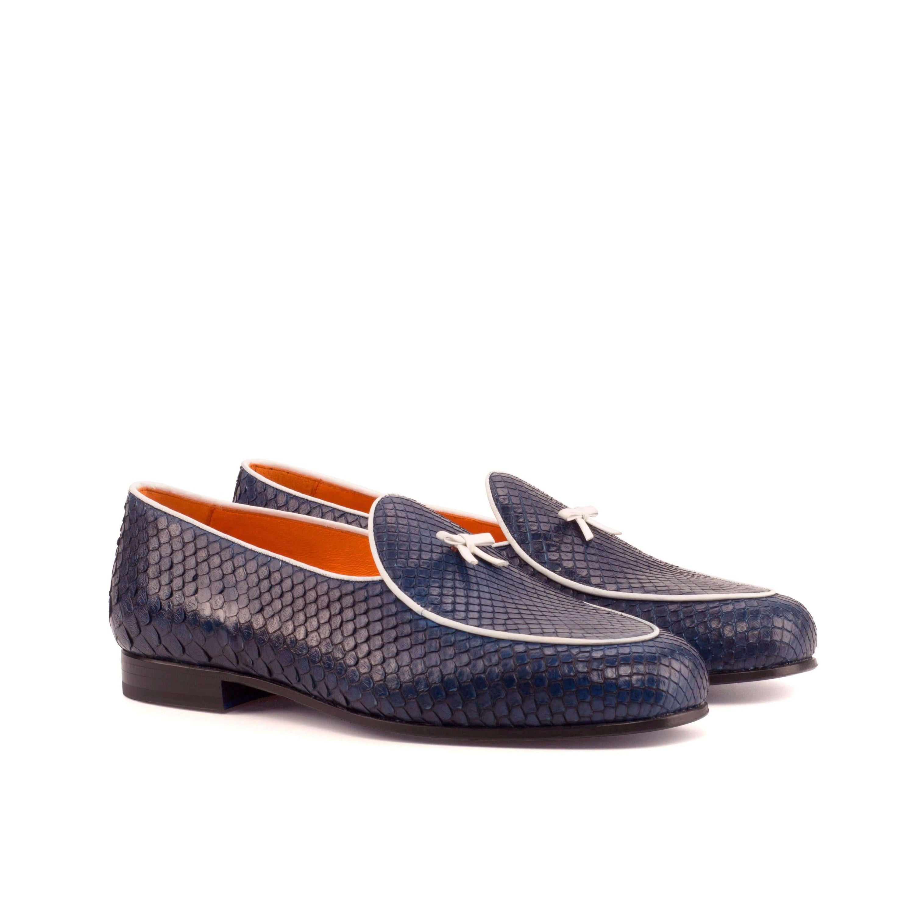 Cina Python Belgian Slipper II featuring navy python leather and orange calf leather lining with a double monk strap design.