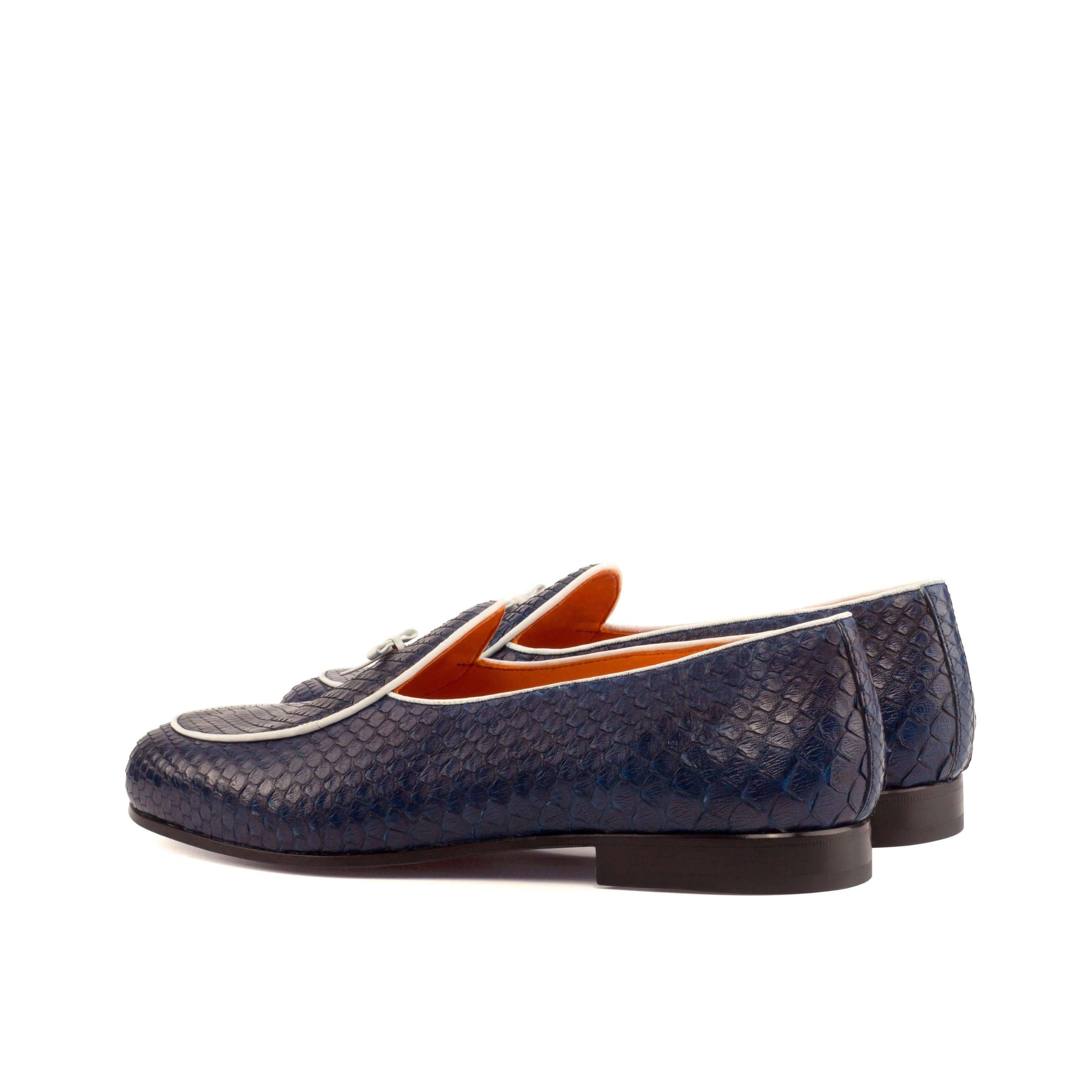 Cina Python Belgian Slipper II featuring navy python leather and orange calf leather lining with a double monk strap design.