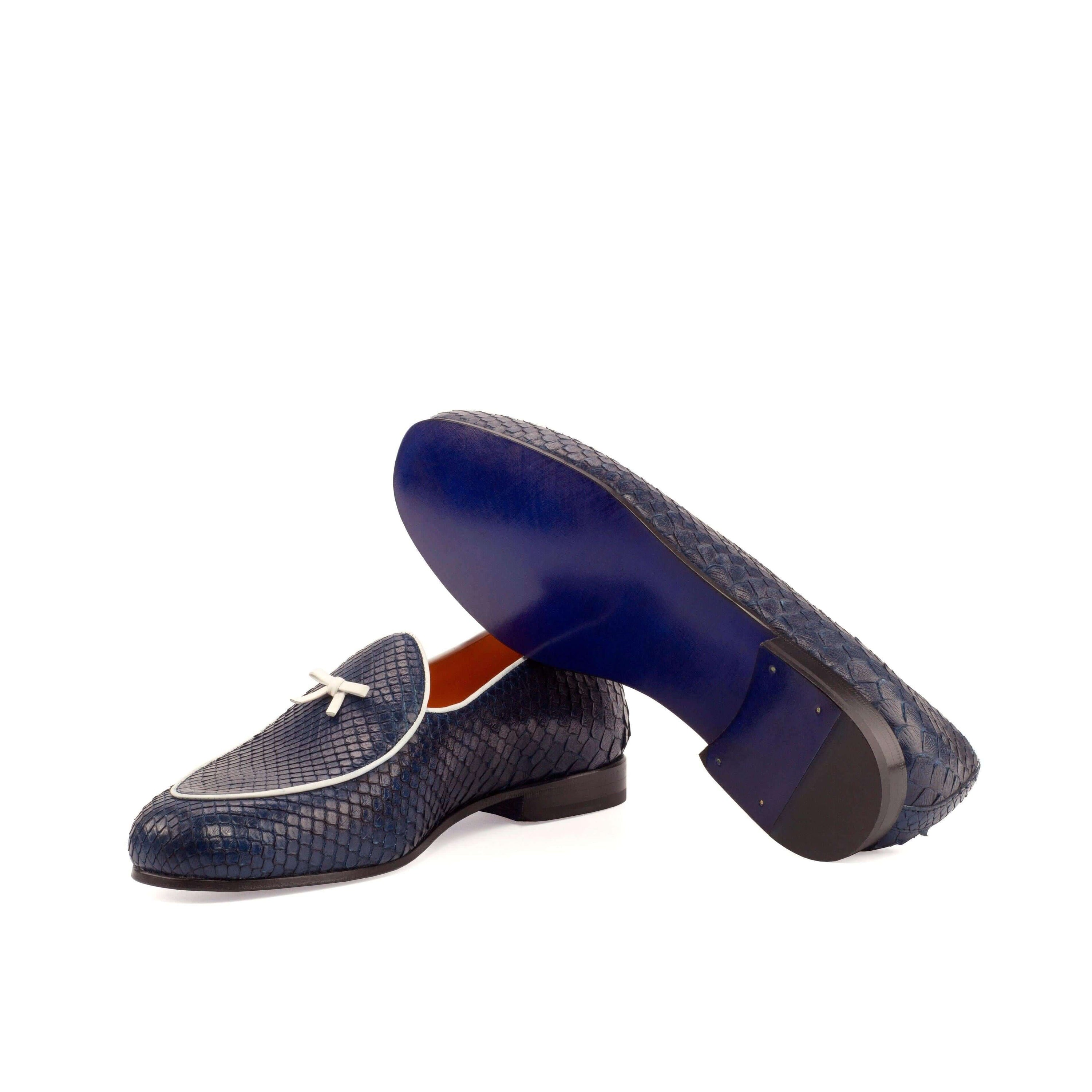 Cina Python Belgian Slipper II featuring navy python leather and orange calf leather lining with a double monk strap design.