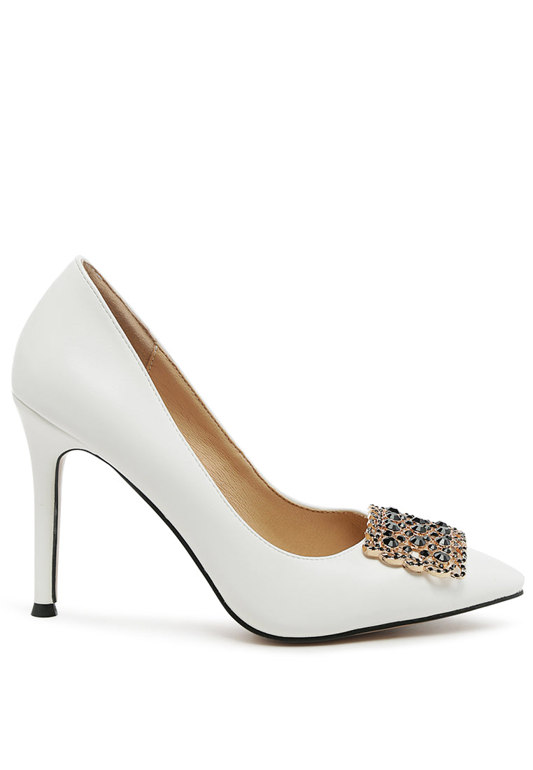 Cirrus Diamante Embellished Brooch Pumps featuring faux leather upper, stiletto heel, and sparkling diamante brooch detail.