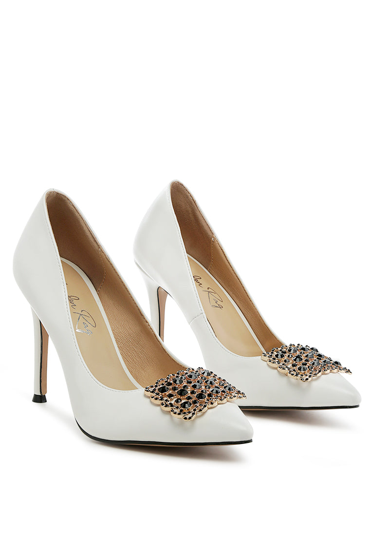 Cirrus Diamante Embellished Brooch Pumps featuring faux leather upper, stiletto heel, and sparkling diamante brooch detail.